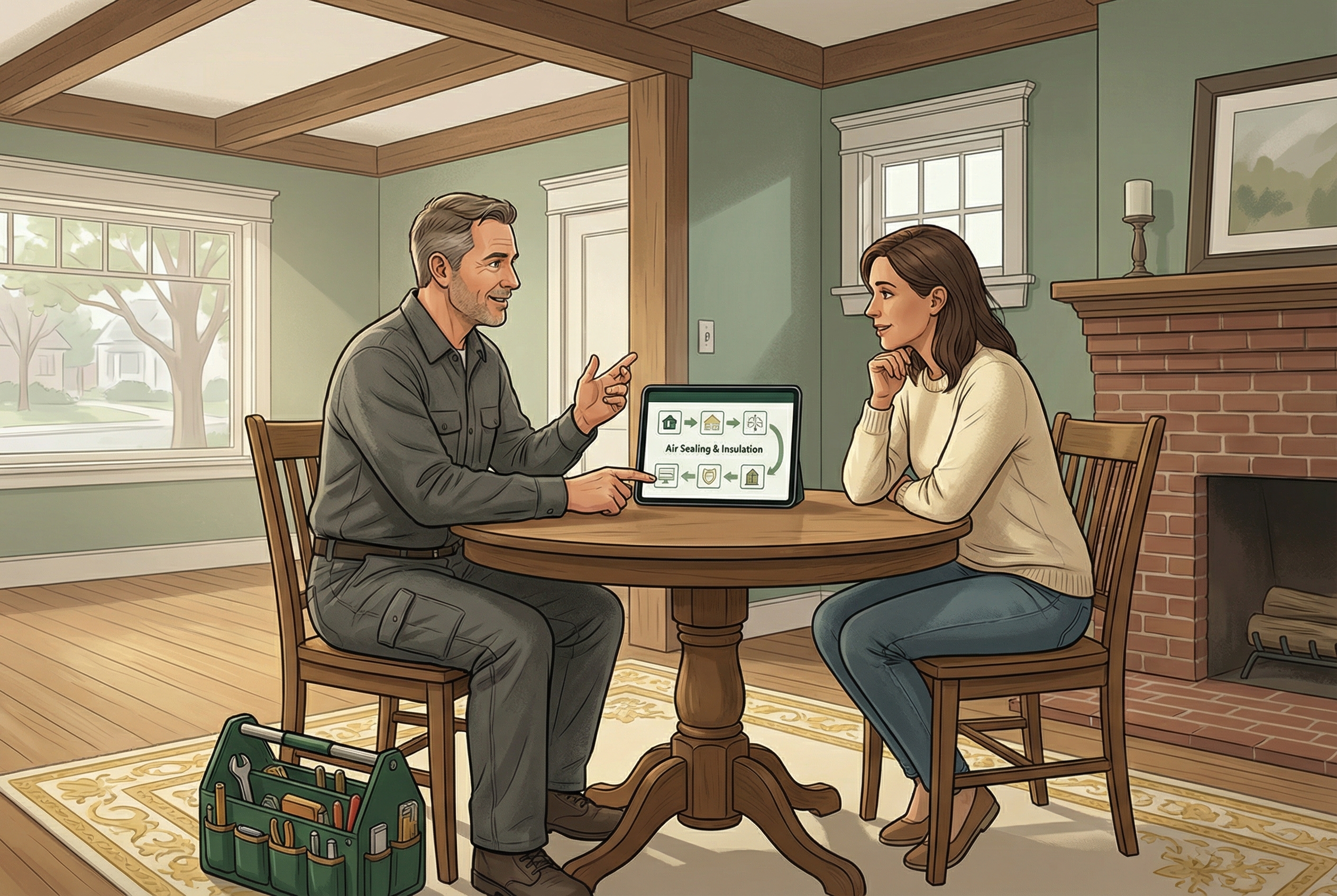 Advisor walking a homeowner through an insulation and air sealing assessment plan.