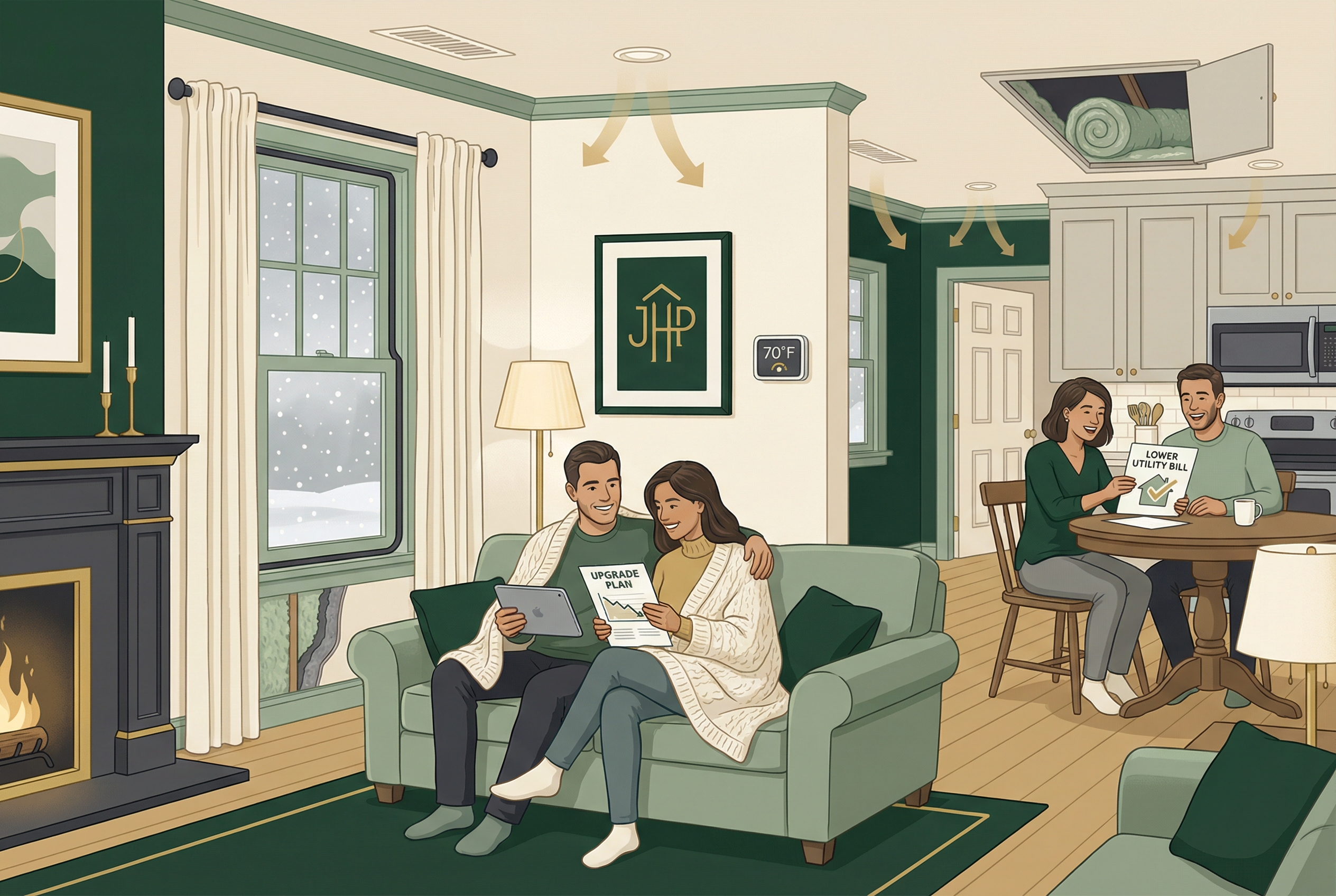 Homeowners in a more comfortable home reviewing a lower utility bill and upgrade plan.