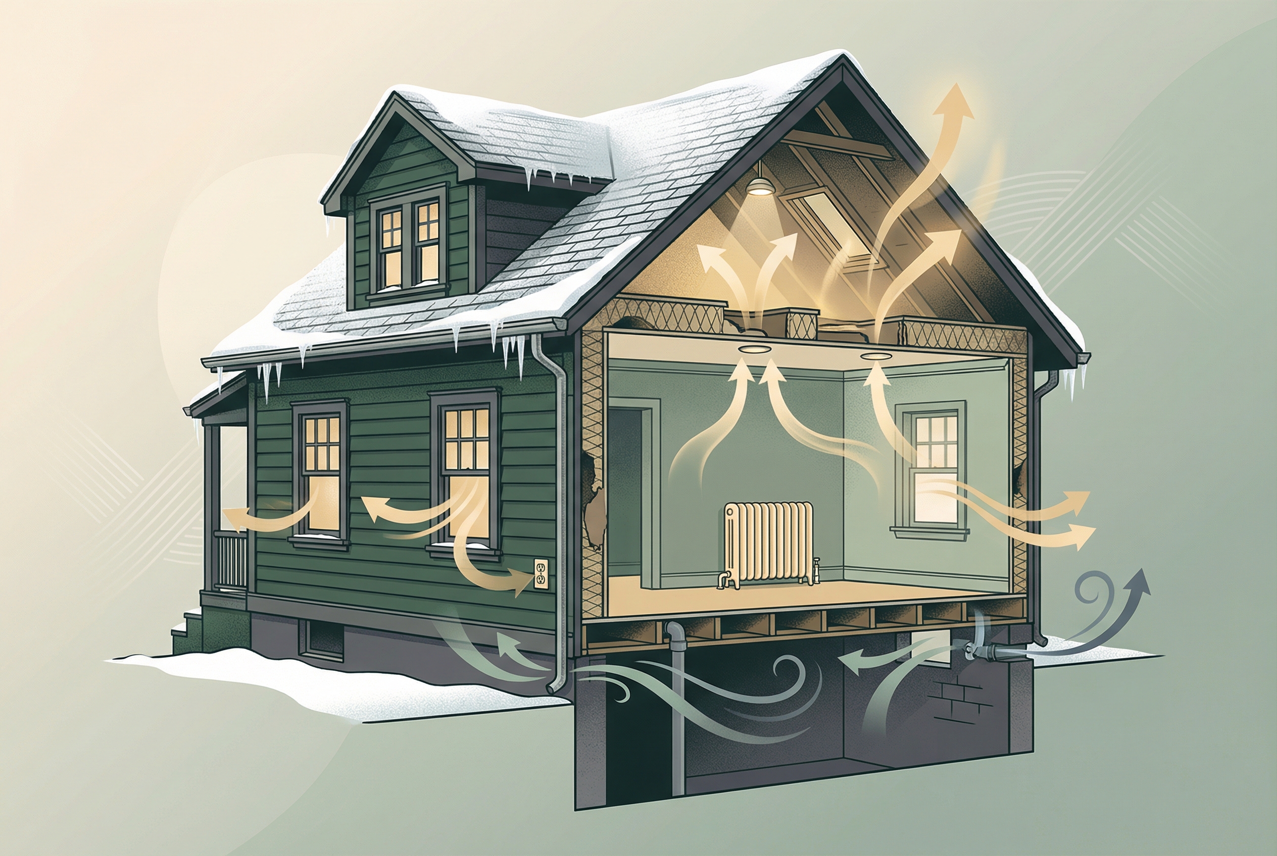 Cutaway illustration of an older home showing heat loss through the attic, windows, walls, and basement.