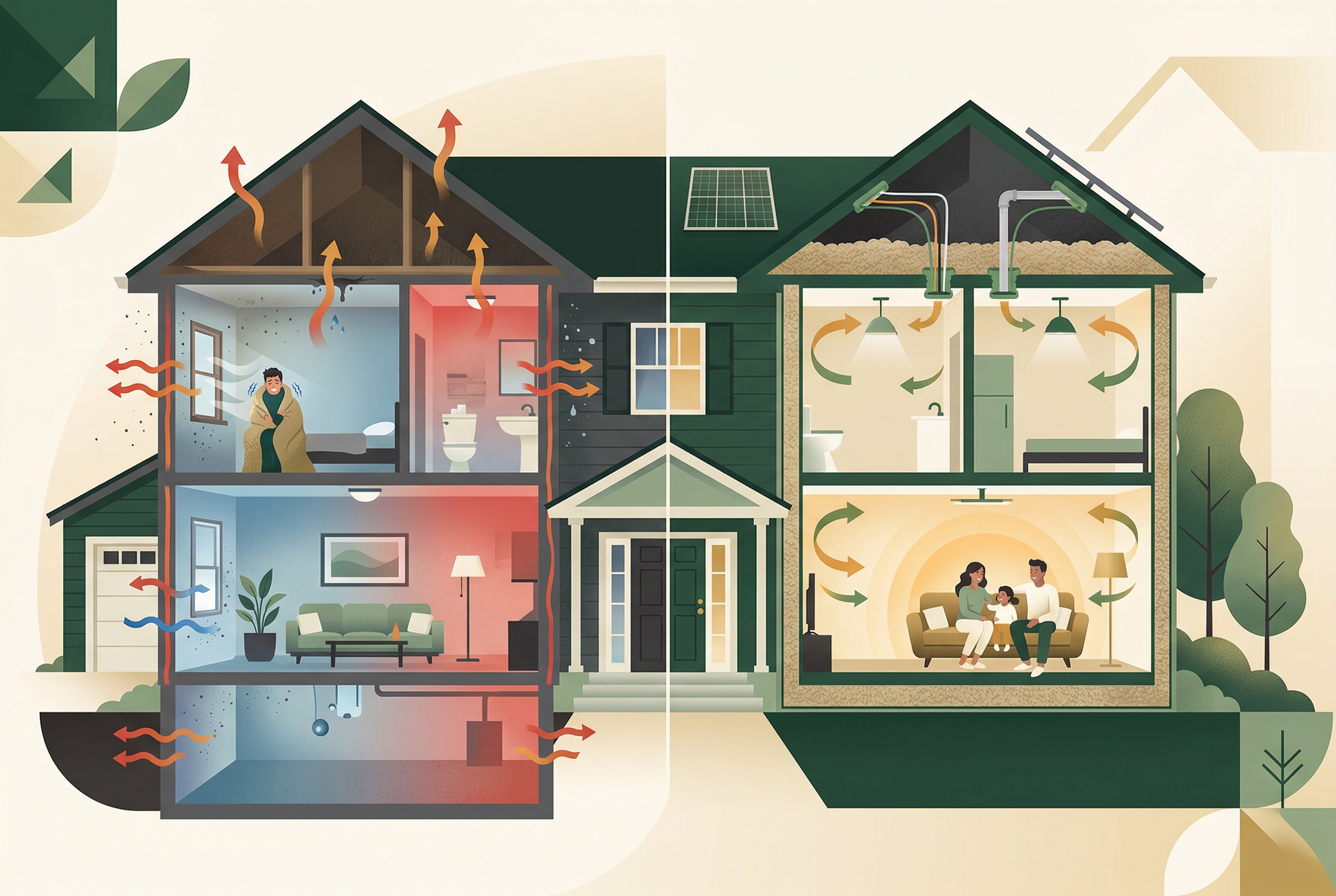 Before and after illustration comparing a drafty home to one improved with insulation and air sealing.