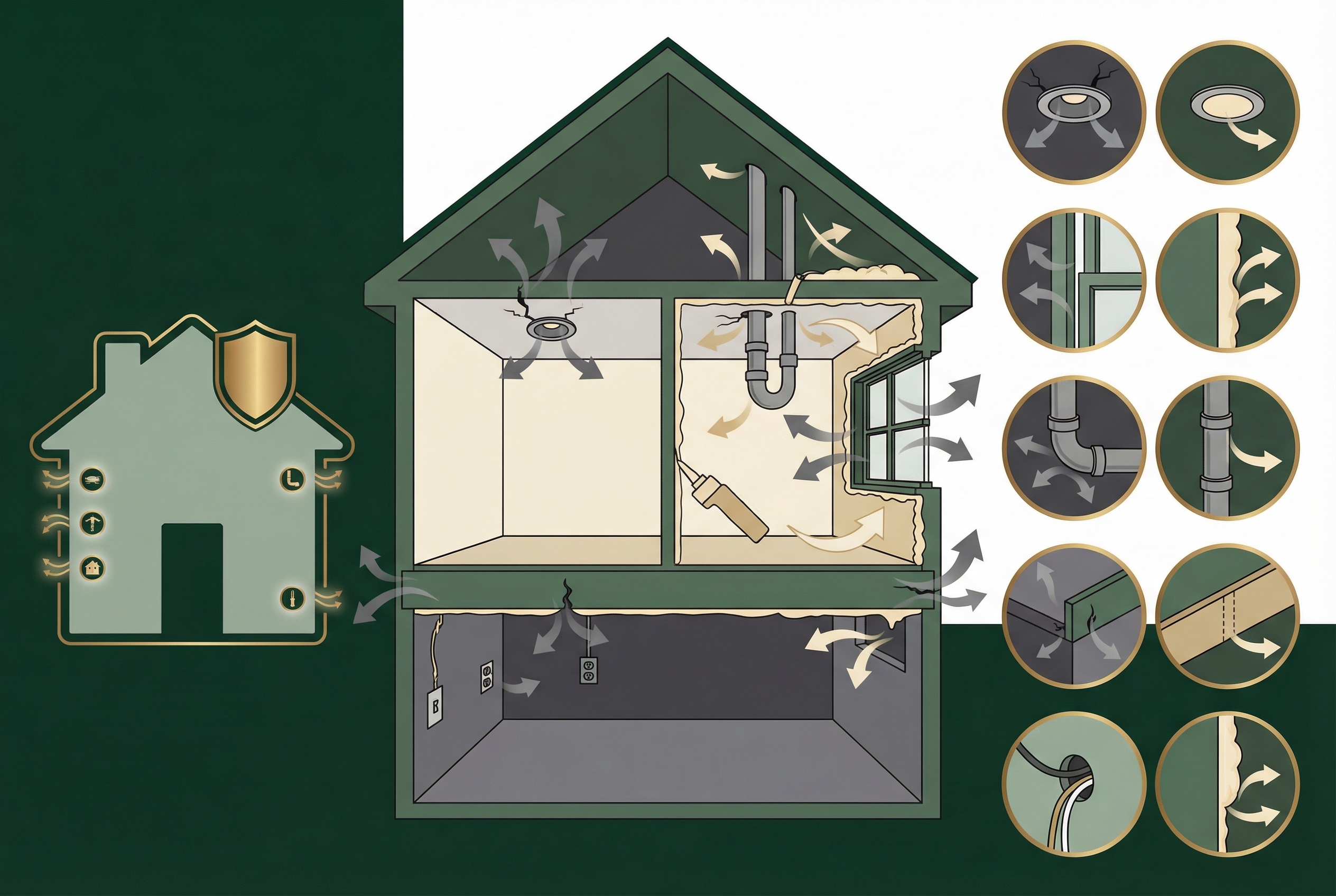 Illustration showing hidden air leaks around attic penetrations, windows, and rim joists being sealed.