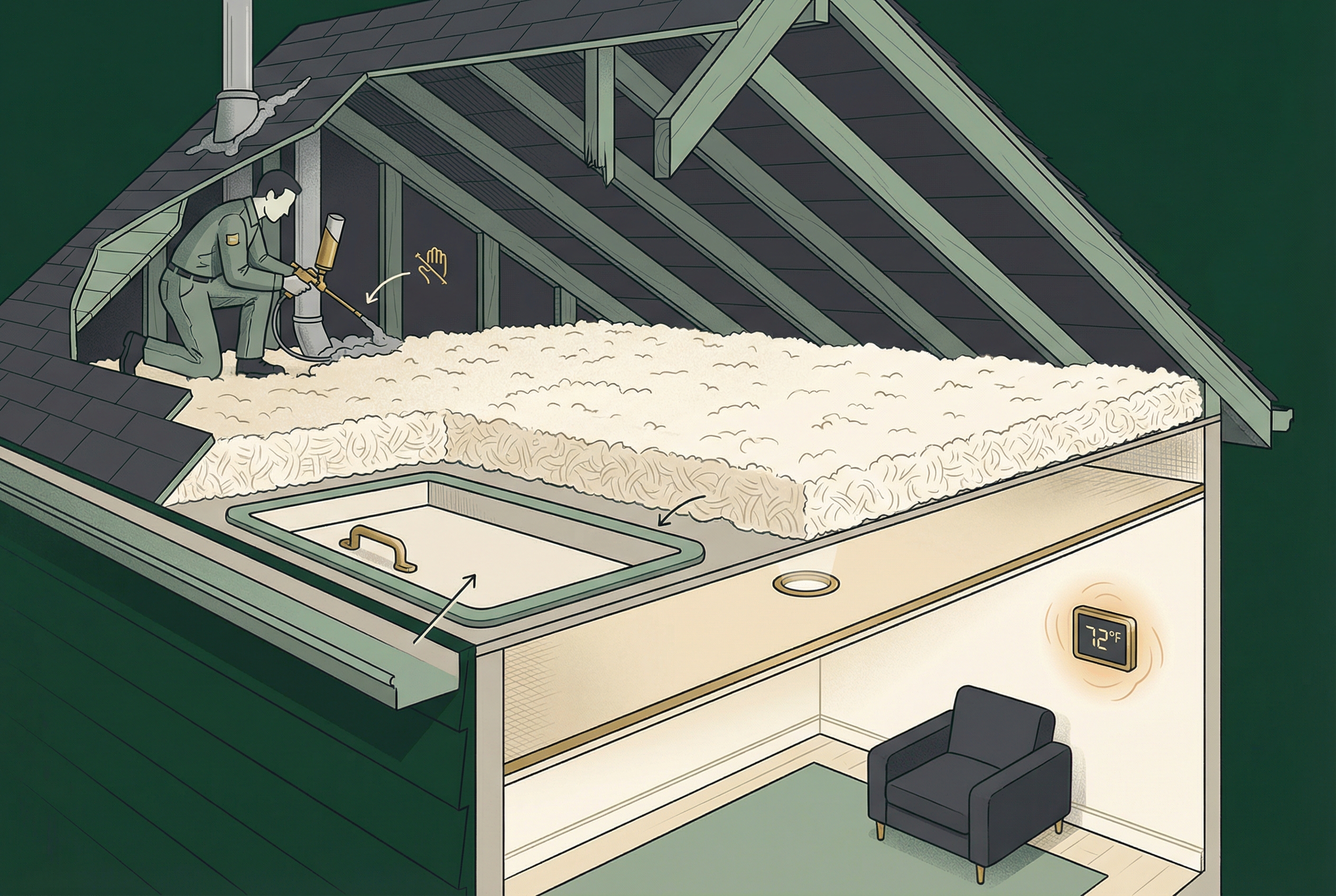 Attic-focused illustration showing air sealing, hatch sealing, and deep attic insulation.