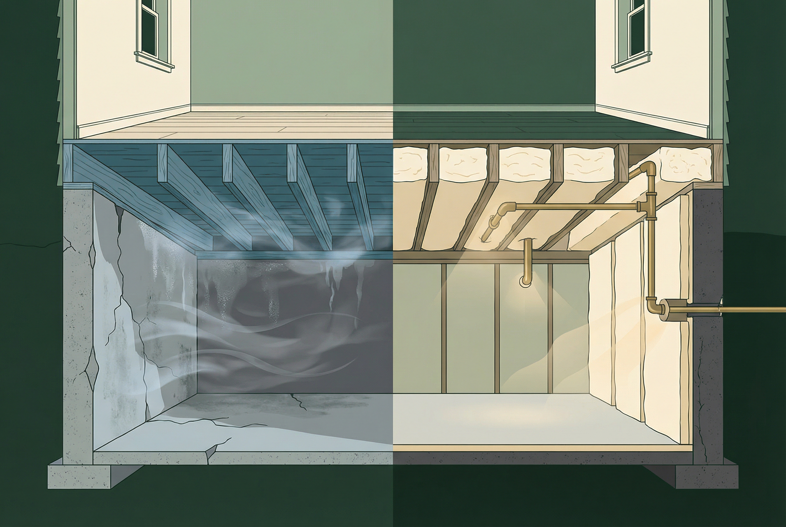 Before-and-after lower-level illustration showing insulated rim joists, basement walls, and crawlspace improvements.