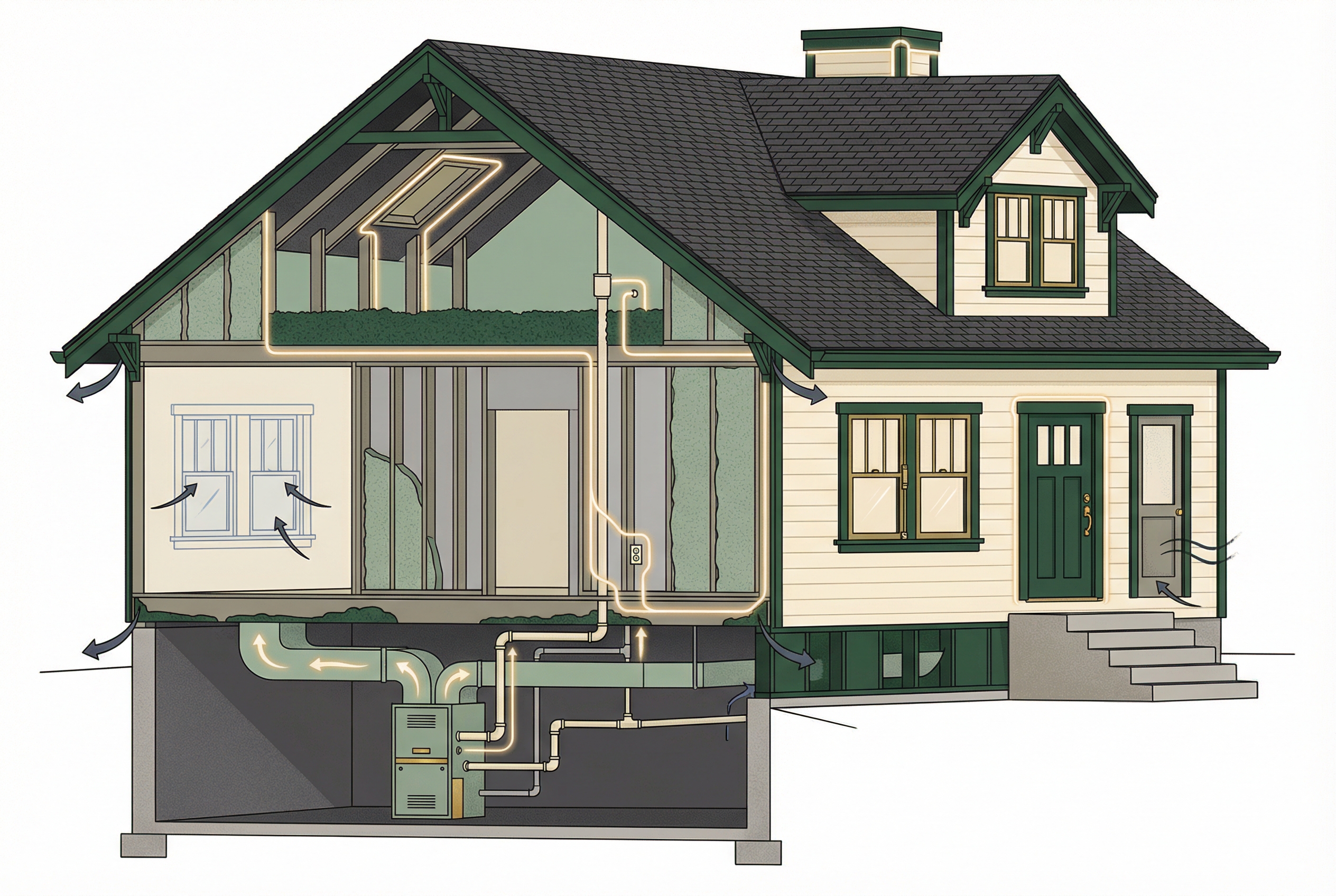 Cutaway home illustration showing major energy loss and upgrade areas tied to comfort and savings.