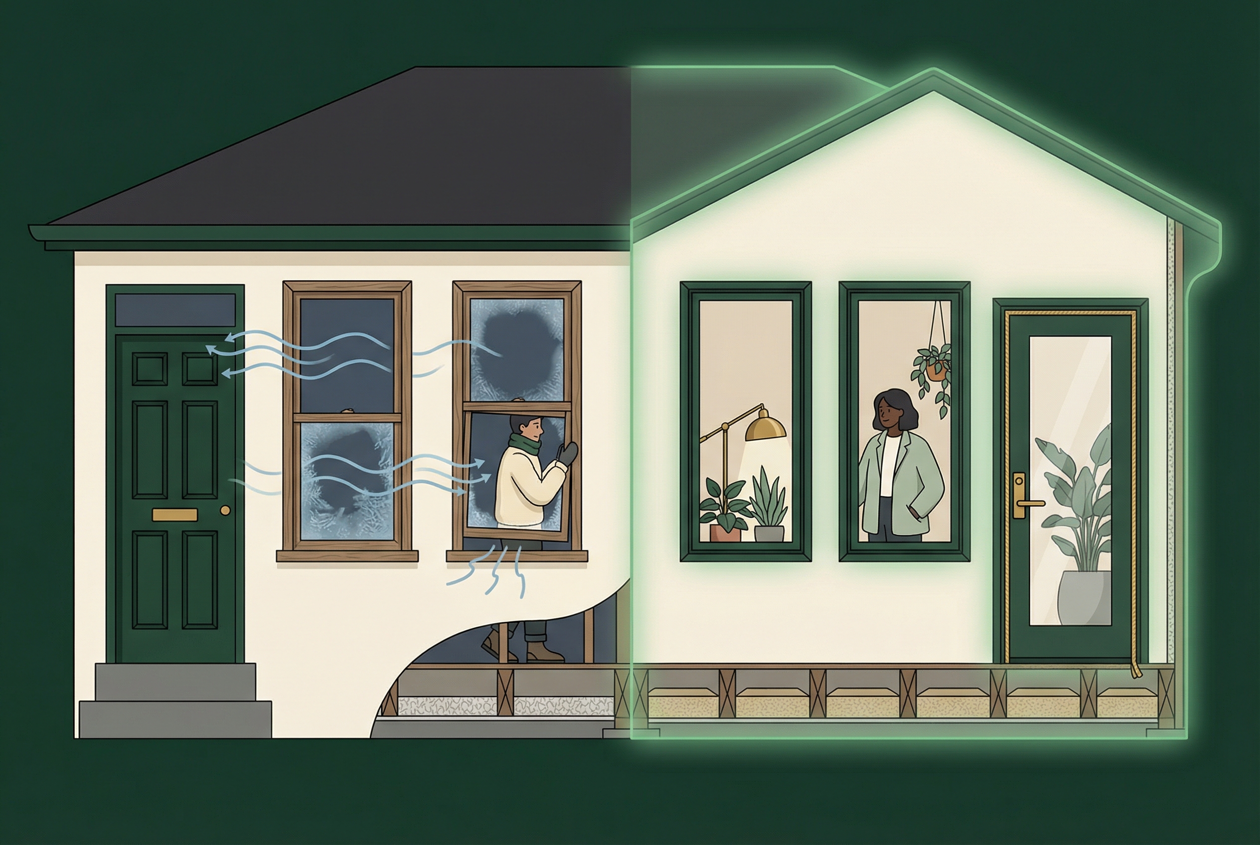 Illustration comparing drafty older windows and doors with efficient upgraded openings in a whole-home envelope context.